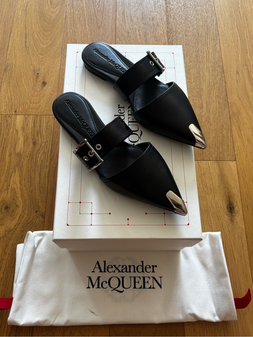 BNIB Alexander McQueen Black Leather Pointed Mules with Silver Metal Toe